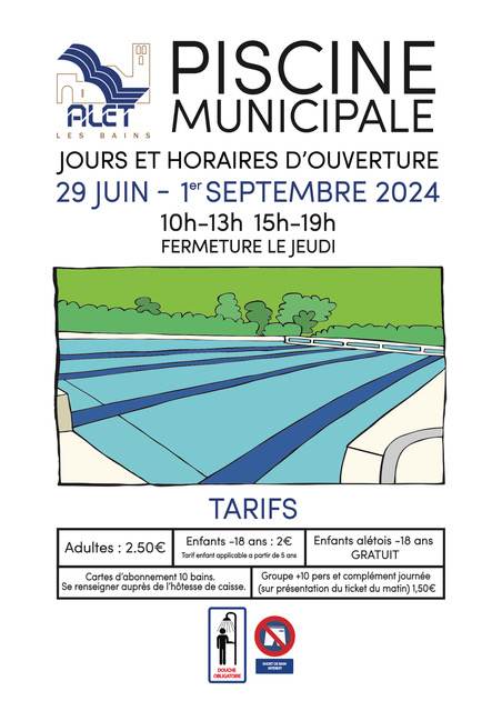 Horaires de la piscine : du 29 juin au 1er septembre de 10h à 13h et de 15h à 19h. Fermeture le jeudi