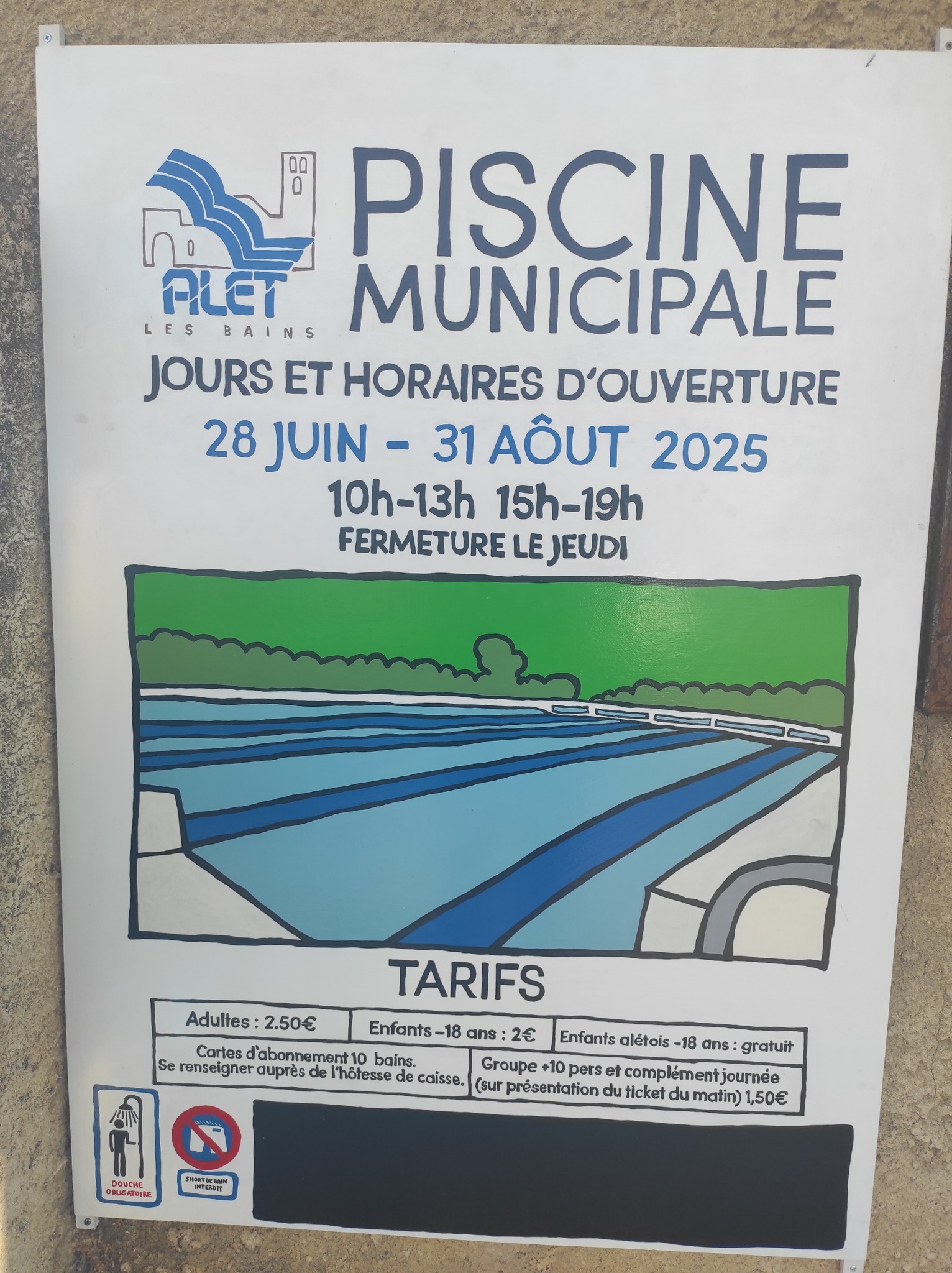 affiche piscine 2025 Horaires de la piscine : du 29 juin au 1er septembre de 10h à 13h et de 15h à 19h. Fermeture le jeudi