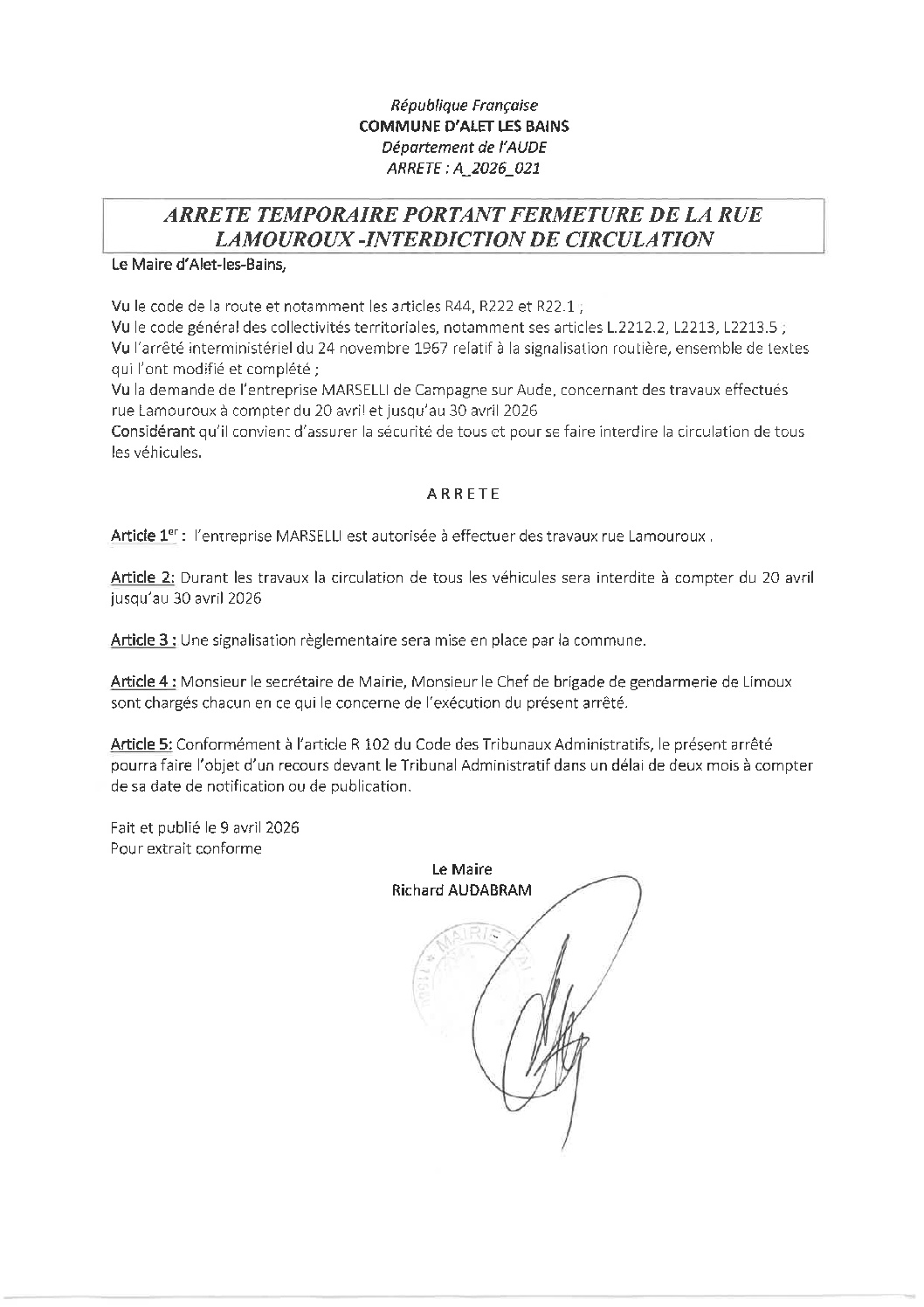 Arrêté de circulation, Rue Lamouroux, du 20 avril au 30 avril 2026